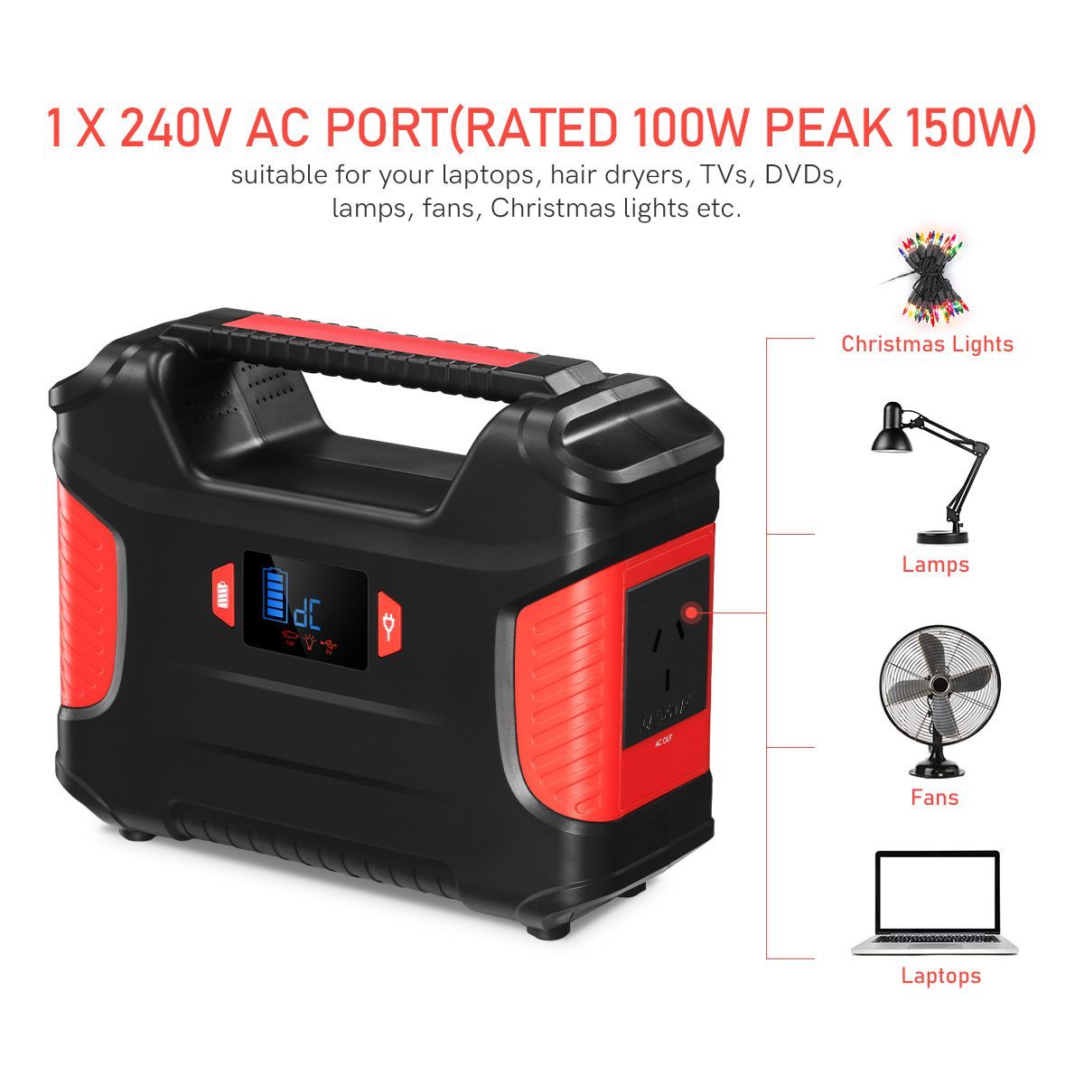 portable solar/electric 66900mAh power station with USB/DC/AC ports & led light