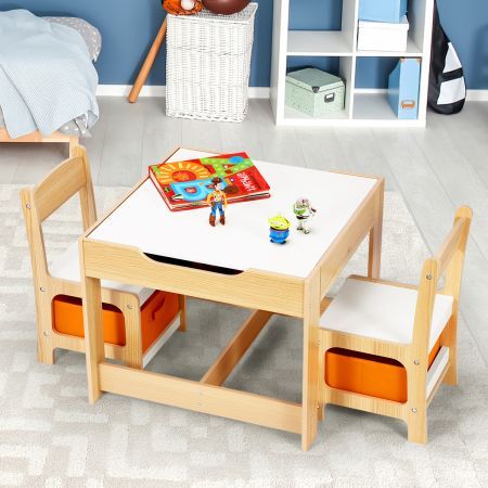 3 PCS kids table and chair set for children activity-big storage box under chair 2 sided tabletop