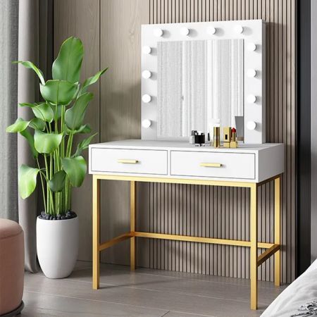 white large dressing table with mirror and led lights