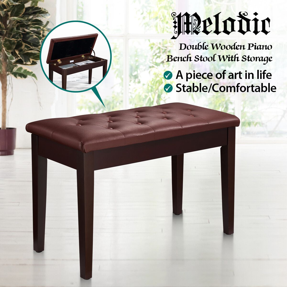 Melodic Luxury Piano Keyboard Stool Bench Chair with Faux Leather Seat and Storage Compartment Walnut