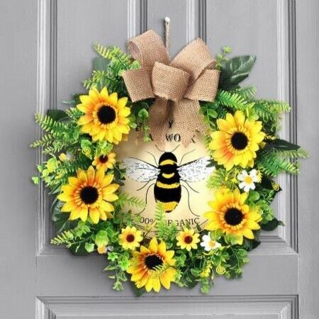 Artificial Sunflower Wreath for Front Door Hanging Farmhouse Welcome Door  38x38x10cm