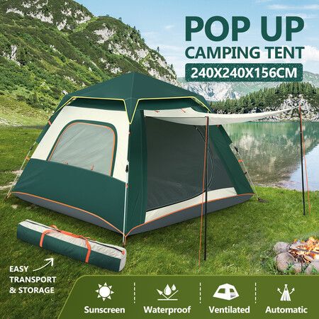 4 Person Instant Pop Up Camping Shelter Beach Shade Family Tent 240x240x156cm Green and White