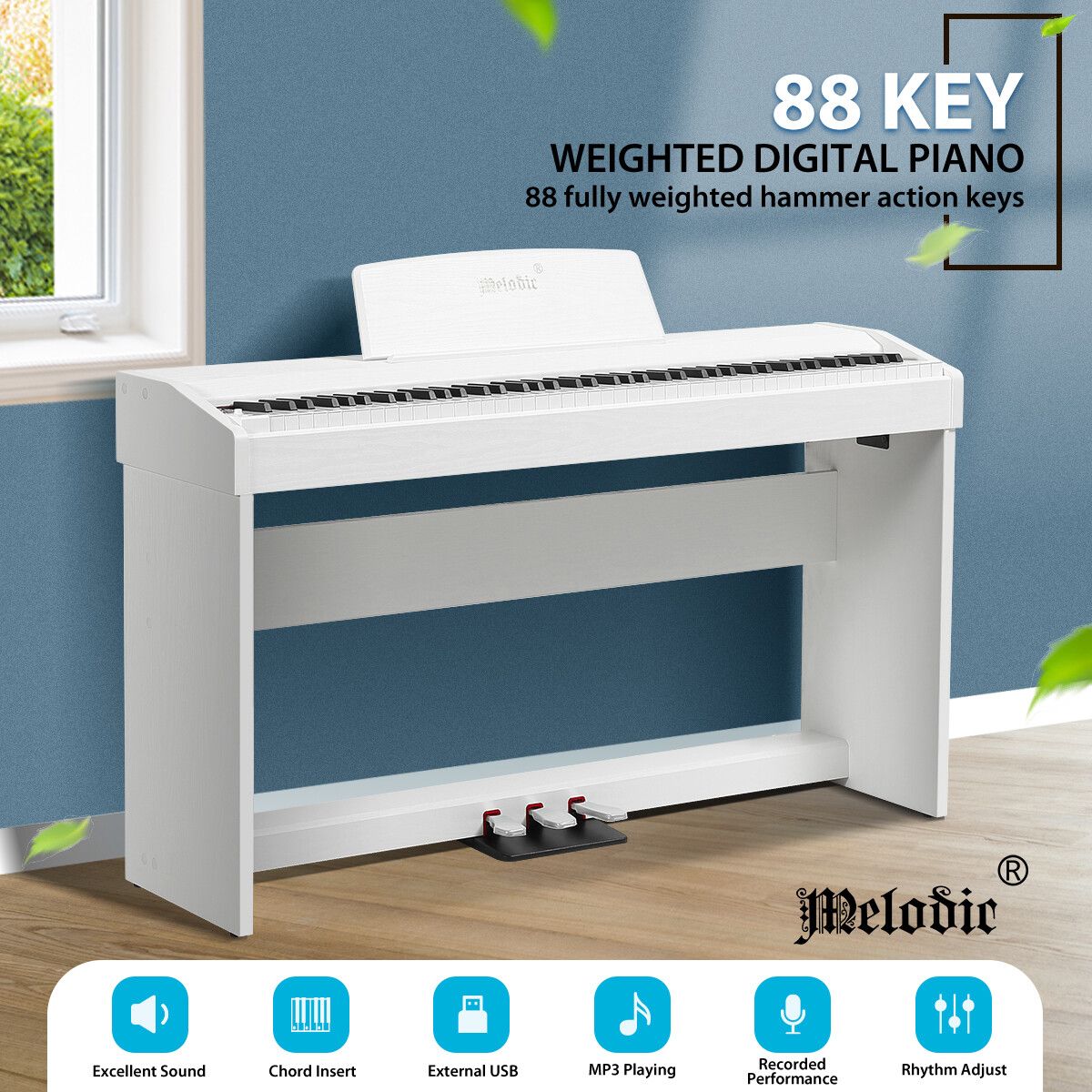 Melodic Hammer Action Keyboard Electric Digital Piano 88-Key Weighted 128 Polyphony 3 Pedals White