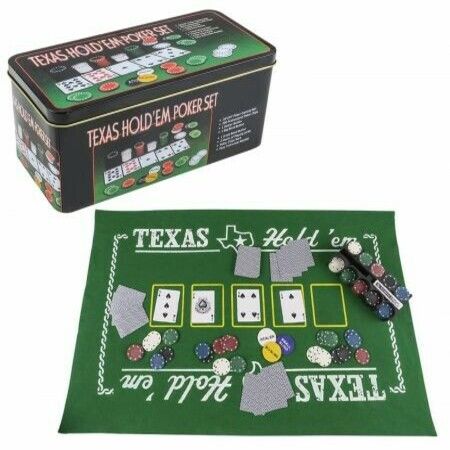 Gamie Texas Holdem Poker Game Set Includes Mat, 2 Card Decks, Chips, Chip Holder and Tin Storage Box  Gift for Kids and Adults