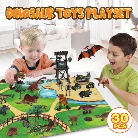 Dinosaur Toy Activity Play Mat Set for Kids Toddlers with Trees Soldiers Rocks 30PCS