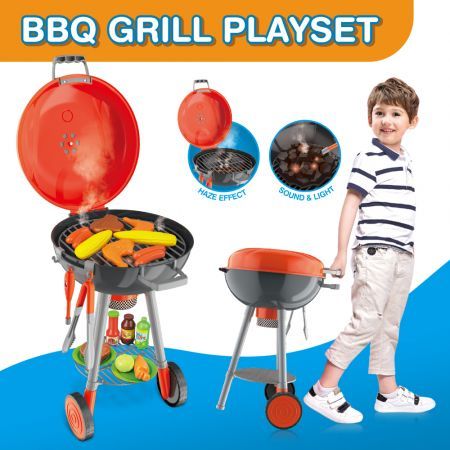 Kids Pretend BBQ Grill Barbeque Playset Toy Set with Sound LED Light Smoke 79x30x35.5CM