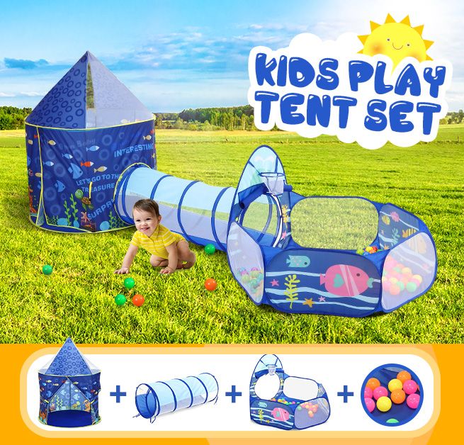 Indoor/Outdoor Playhouse Crawl Tunnel & Play Tent with Basketball Hoop for Kids Toddler FIRSTGO-TECH 3Pcs Ocean World Kids Play Tent Kids Ball Pit 