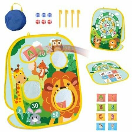 Bean Bag Toss Game for Kids, 3 in 1 Cornhole Game Set for Toddlers, Collapsible Cornhole & Dart Board for Kids Zoo Theme