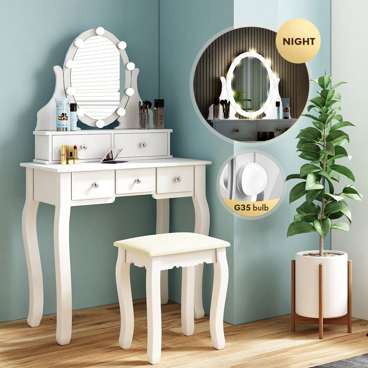 Vanity Dressing Table Stool Set Rotating Makeup Mirror 10 LED Lights Dresser 5 Drawers White