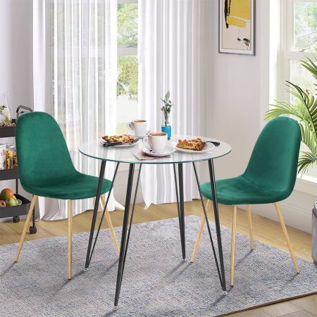 3 Piece Set Dining Home Kitchen Lounge Round Clear Glass Table Green Velvet Chairs