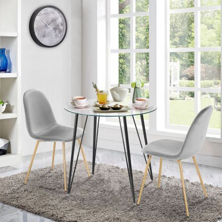 3 Piece Dining Set Home Office Round Clear Glass Table Grey Velvet Chairs
