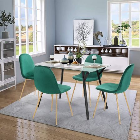 5pc Set Modern Square Tempered Glass Table Green Velvet Chairs Dining Living Room