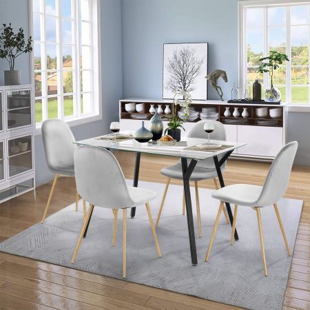 5pc Set Modern Square Tempered Glass Table Grey Velvet Chairs Dining Living Room