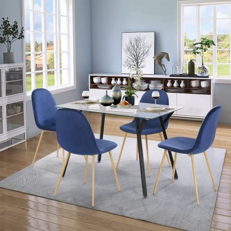 5pc Set Modern Square Tempered Glass Table Blue Velvet Chairs Dining Living Room