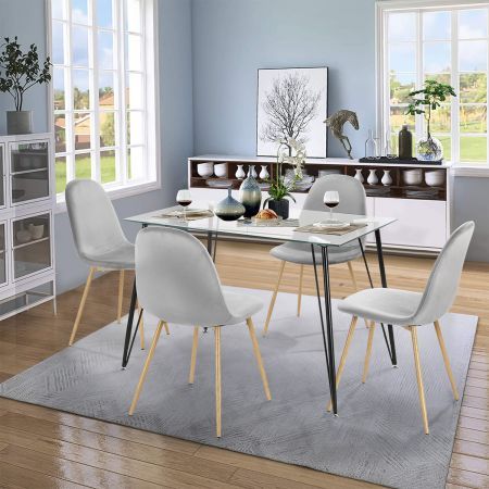 5 Piece Kitchen Dining Room Set Square Glass Table Grey Velvet Chairs