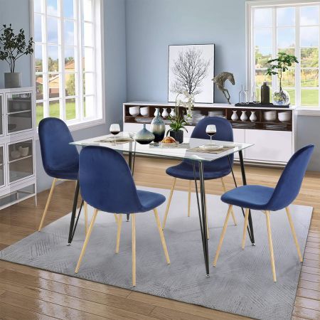Square Glass Table Blue Velvet Chairs, Dining Room Table Set With Velvet Chairs