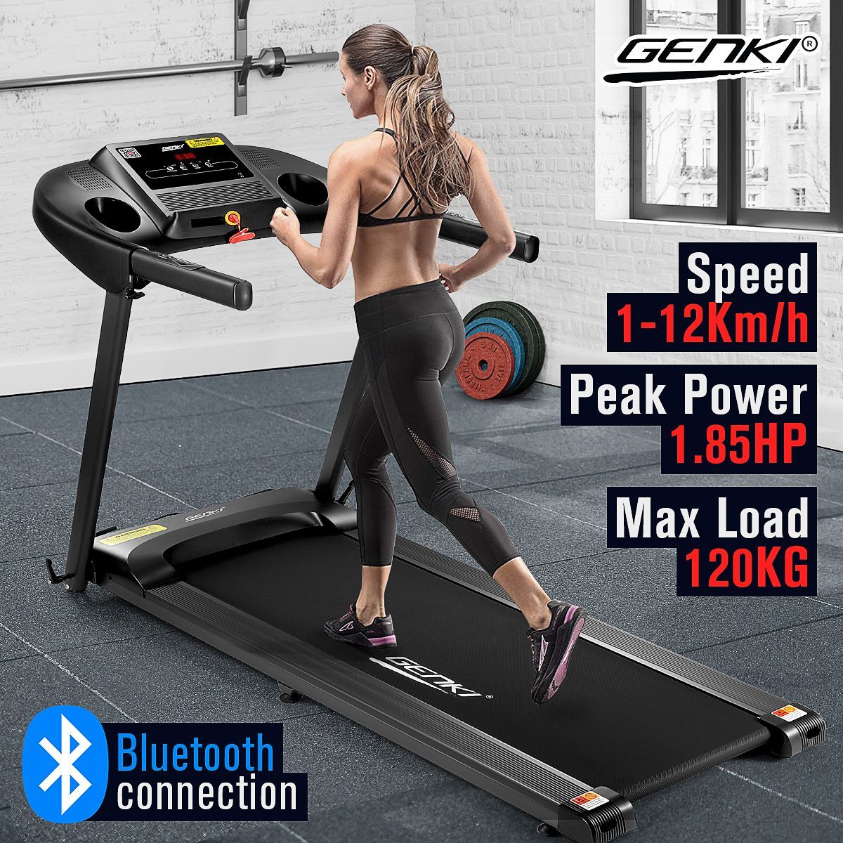 Genki 1.85 HP Foldable Smart Walking Running Treadmill Machine Bluetooth Enabled App Control for Home Office