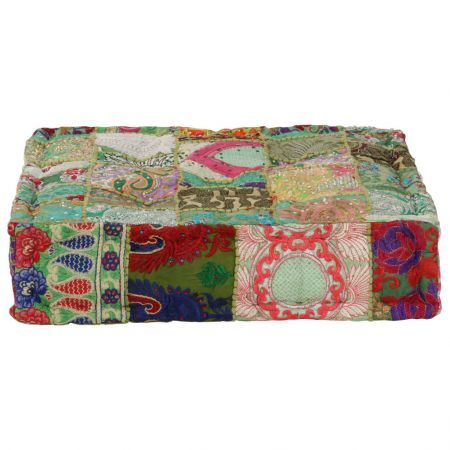 Patchwork Pouffe Square Cotton Handmade 50x50x12 cm Green