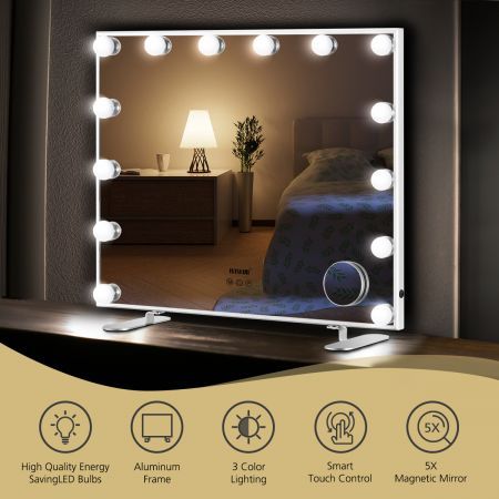 Warm Yellow/Natural/Cool White Light 14 Led Hollywood Makeup Vanity Mirror W/5X Magnify, White Frame