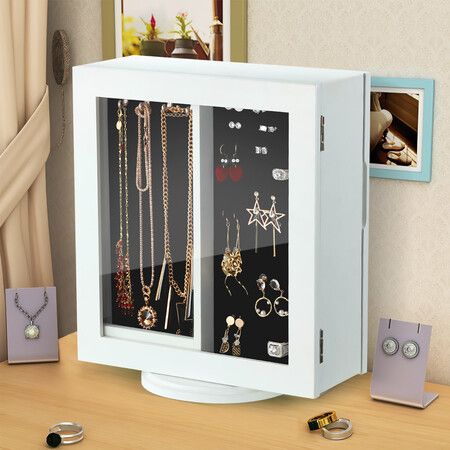 360 Degree Rotating Jewellery Cabinet Organiser Mirror Jewelry Cabinet Box for Earring Necklace Ring White