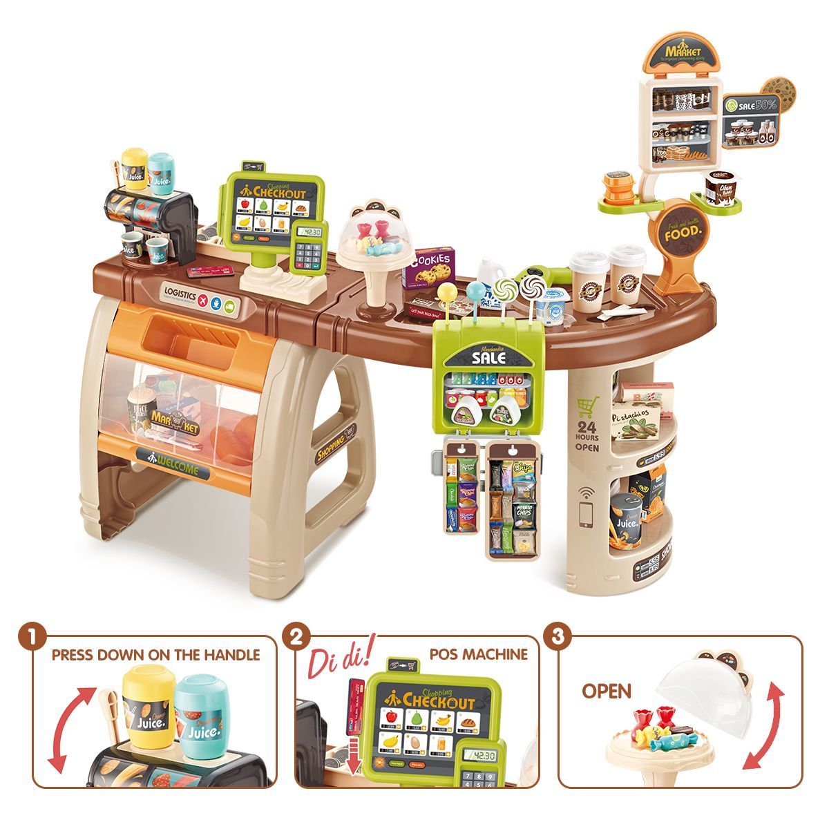 Kids Imagine Develop Toy-65Pcs Supermarket Pretend Play Set W/Good,Trolley,Scanner,Pos Machine,Etc.