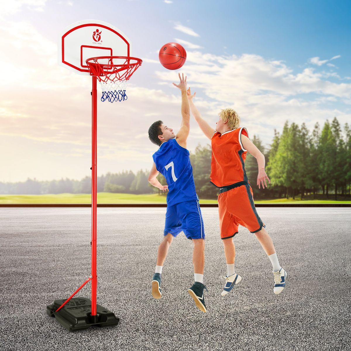 2.7M Height Adjustable Portable Kids Basketball Hoop Stand W/Backboard,Base,Inflator, Great Gift