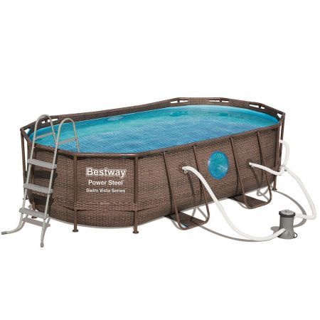 Bestway Rattan Print Steel Frame Above Ground Swimming Pool W/Antimicrobial Filter 4.27X2.5X1M