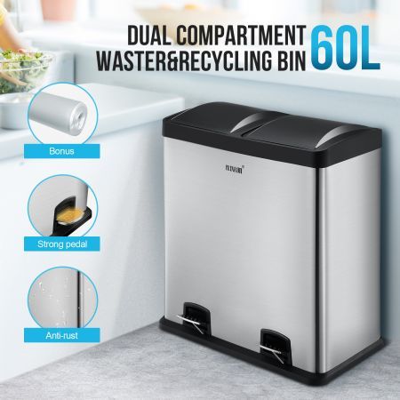 New Large 80l Twin Double 2 Compartment Recycling Kitchen Rubbish Food  Waste Bin