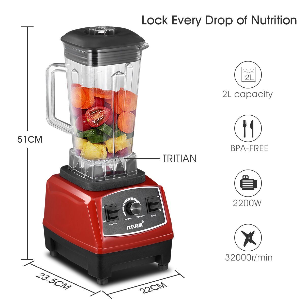 Powerful 2200W Home/Business 2L Food Blender Smoothie Maker Juicer Grinder W/ High Speed Blade-Red