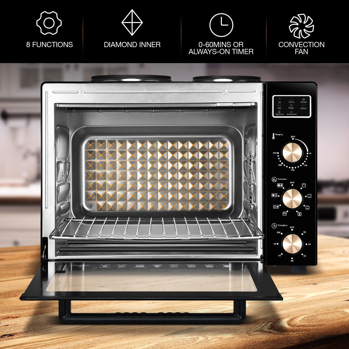 45L Electric Convection Oven W/2 Hot Plates On Top, Great For Rotisserie,Bake,Heat,Toast,Grill
