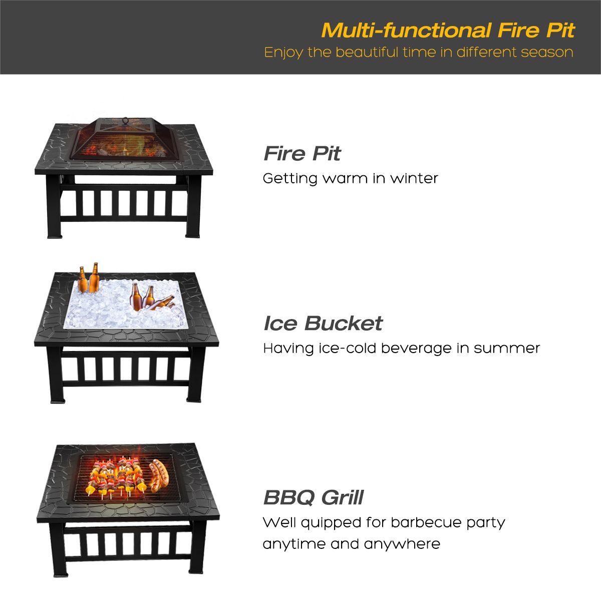 32" Outdoor Fire Pit/Bbq/Ice Pit 3 In 1 Portable Fireplace Brazier Patio Heater W/Safe Mesh Lid