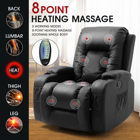 Pu Leather 8-Point Heated Full Body Massage Chair 135 Degree Recliner W/Thick Padded Foam 360 Degree Swivel