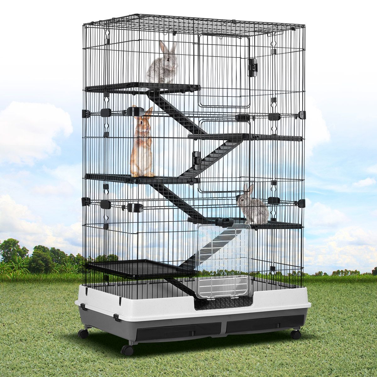 Large 5 Levels Sturdy Metal Rabbit Hutch Cage Chinchillas Hamsters Ferrets House W/Lockable Wheels