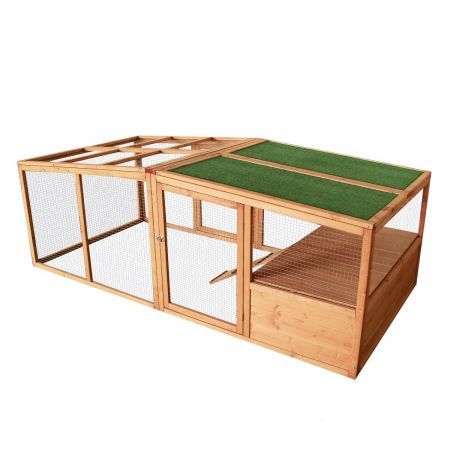 Large Waterproof Durable Fir Wood Chicken Coop Rabbit Hutch W/ 2 Opening Roofs, Spacious Run Area