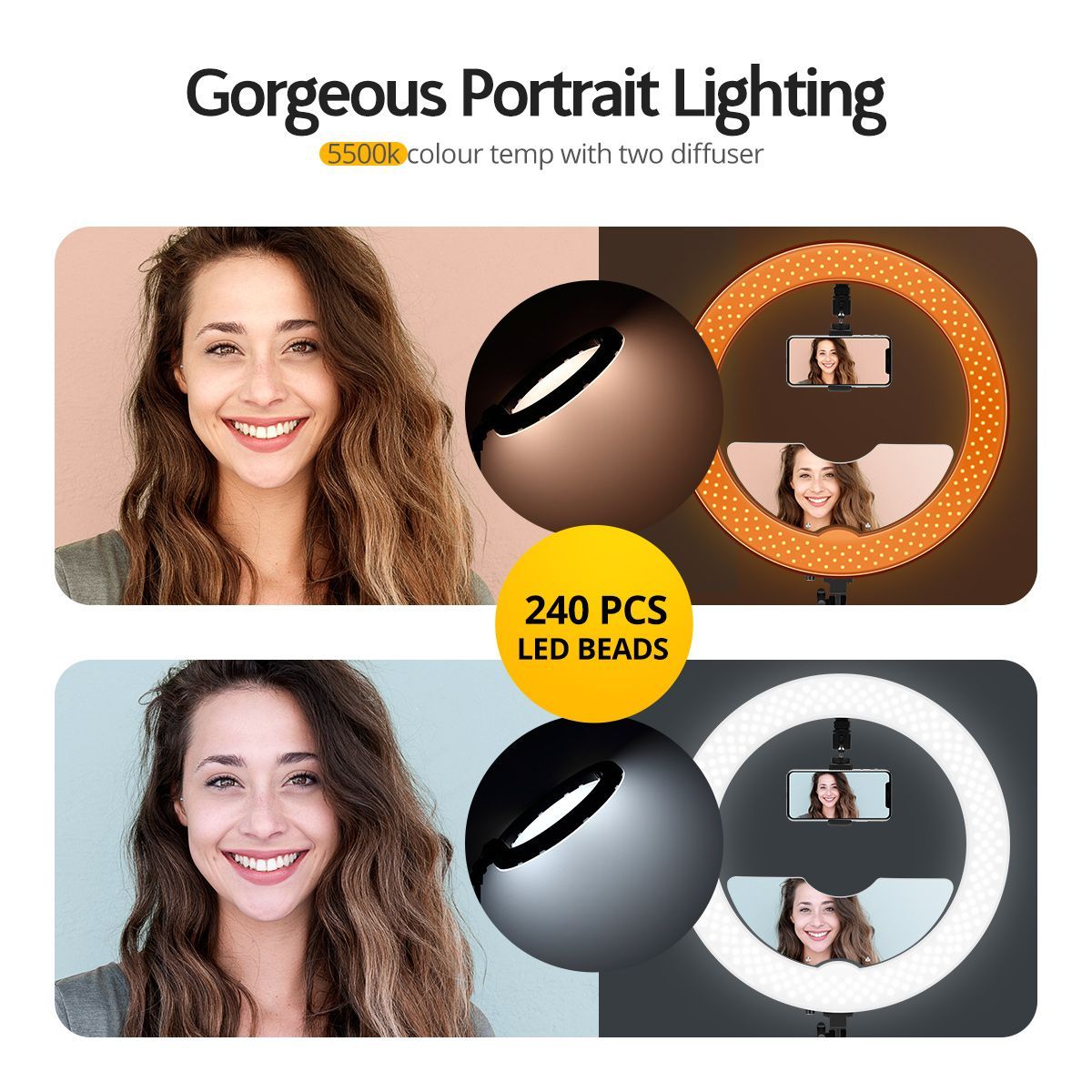 240-Bulb Cri??97% 18?? Pro Led Ring Light For Makeup Selfie Photo Live Stream,Height Adjustable