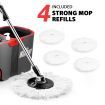 Wheeled Red Bucket + Handle Length Adjustable Spin Mop W/4Pcs Super Absorbent Swivel Mop Head