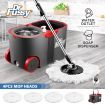 Wheeled Red Bucket + Handle Length Adjustable Spin Mop W/4Pcs Super Absorbent Swivel Mop Head