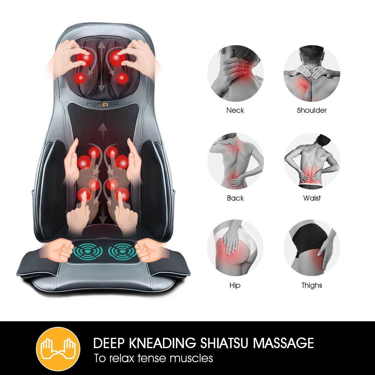 Air Compression Car Seat Massager Heated Cushion W/Roll,Shiatsu,Vibrate,Knead Function