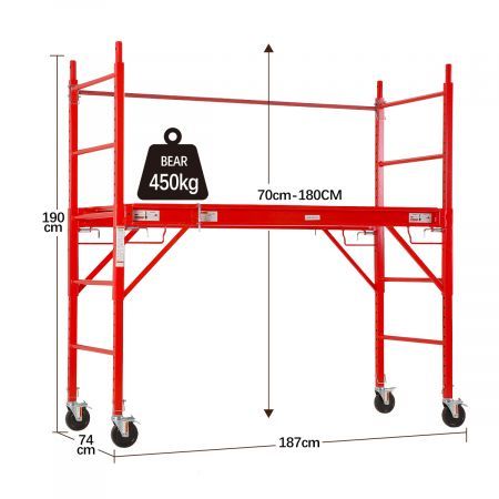 70-180Cm Height Adjustable Mobile Safety Scaffold Bear Up To 450Kg W/3 Lock System-Red