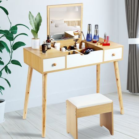 Beautiful You Wooden Dressing Table Desk Padded Stool with Flip Up Mirror & 10 Storage Spaces White 
