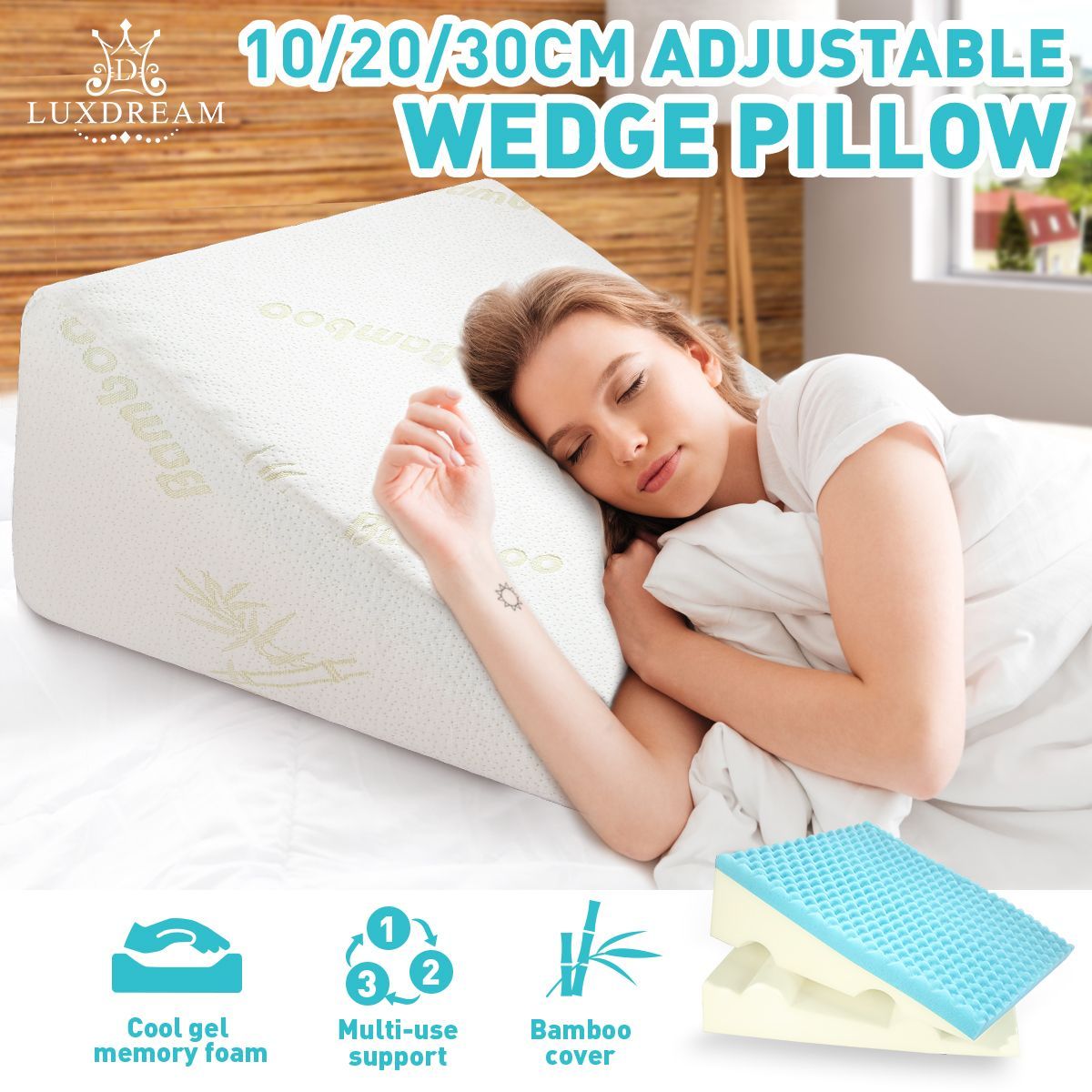 10/20/30Cm Height Adjustable Cool Gel Memory Foam Wedge Pillow ...