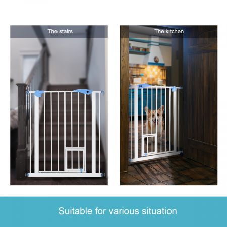 100Cm Tall 80-90Cm Width Double Lock Pet Child Safety Gate Barrier Fence W/ Cat Door