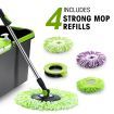 Easy Wringer Wheeled Bucket + Handle Length Adjustable Spin Mop W/4Pcs Swivel Mop Head