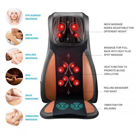 Home Car Seat Massager Heated Cushion W/Vibrate, Shiatsu, Roll, Knead Function-Orange