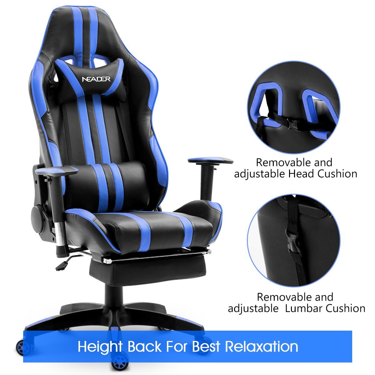XL Gaming Racing Thick Padded Office Chair W/180 Degree Reclining Max Comfort-Blue/Black