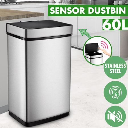 60L Kitchen Automatic Touchless Sensor Bin Stainless Steel Rubbish Waste Can-Silver