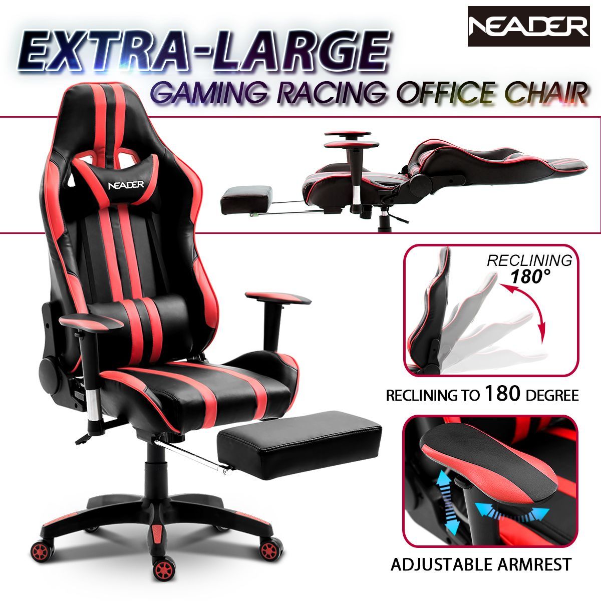 XL Gaming Racing Thick Padded Office Chair W/180 Degree Reclining Max Comfort-Black/Red