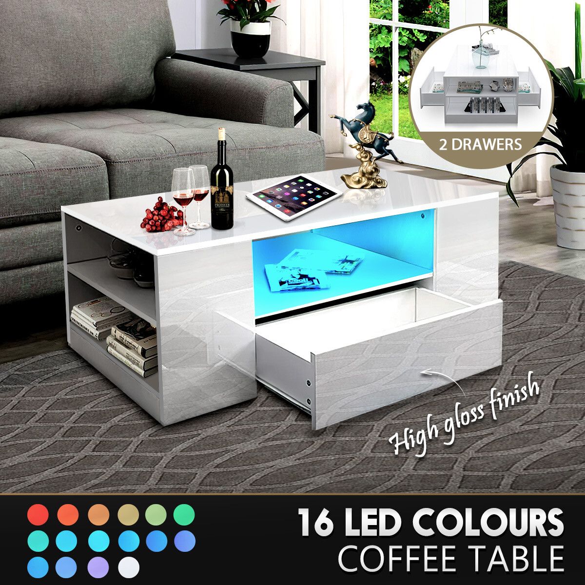 Modern White High Gloss Coffee Table Living Room Storage Furniture 2 Drawers 16 LED Colours