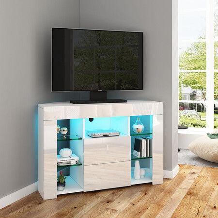 TV Cabinet LED Lighted Television Storage Unit High Gloss Front 2 Drawers Modern Furniture Console White