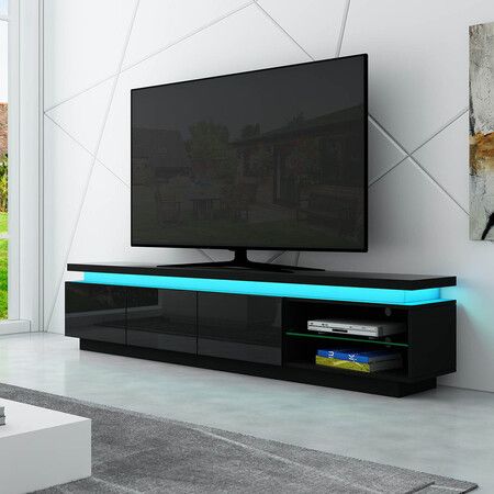 TV Unit Storage Cabinet 3 Drawers Television Stand High Gloss Front LED Lighted Modern Furniture Console Black